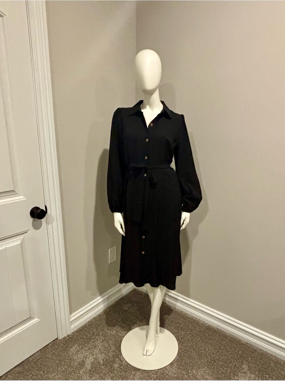 Nine West Black Long-Sleeve Button-Front Shirt Dress with Tie Waist